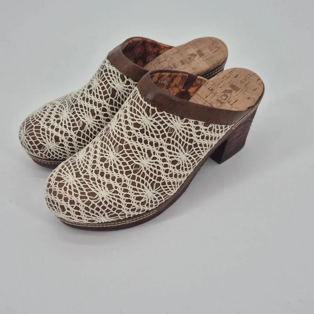 KORKS Clogs Womens Size 9 NORA Brown White Crochet Heels